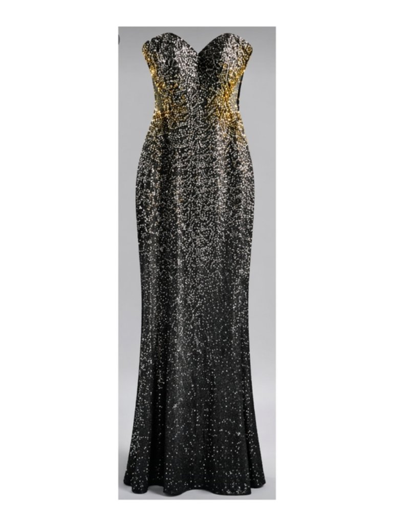 Vtg La Femme 4 Sequin Rhinsetone Strapless Gown Dress Silver Gold Sheer Mesh Y2k